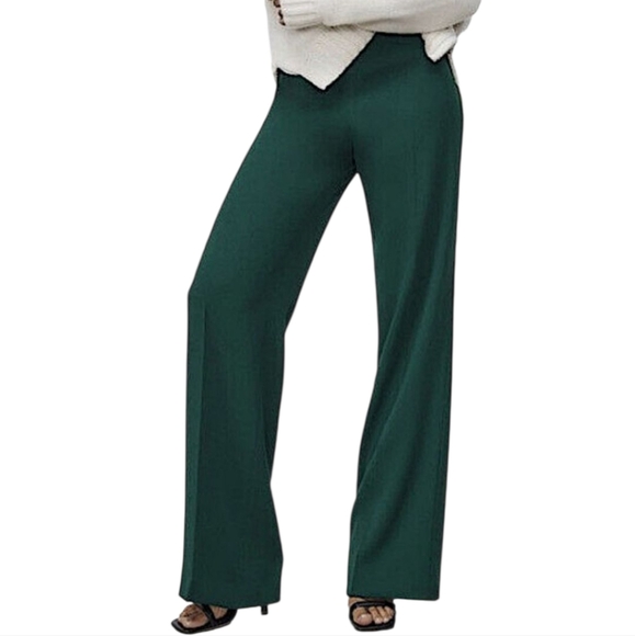 Zara Flowy Wide Leg Trousers Pants Green Size Large Flat Front - Picture 1 of 10